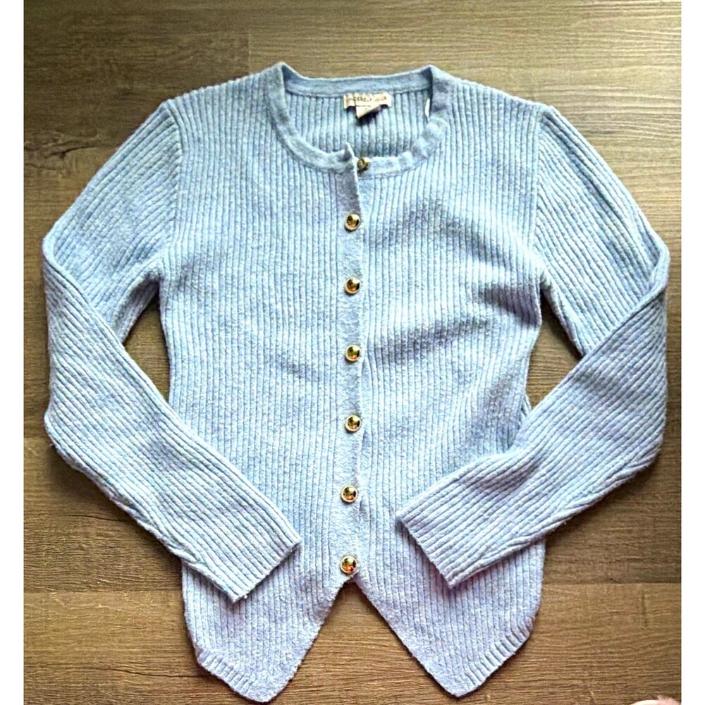 Women's Sincerely Jules Blue Cotton Rib-Knit Crew Neck Cardigan Size L NWT B5